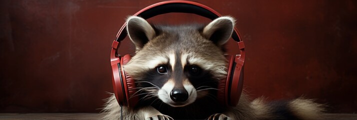 Raccoon dj in headphones with copy space on red background for music events and parties