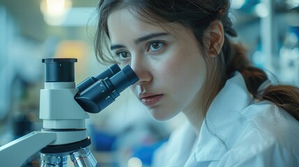 Fototapeta premium Woman scientist looking at microscope working in clinical laboratory. Generative AI.