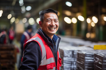 Smiling Asian man at work in a factory. Worker recruitment. Job offer. Work in industry. Jobs in a factory. Factory in Asia.