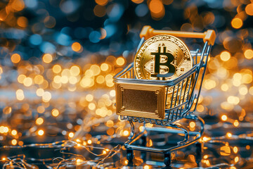 Bitcoin Coins in Shopping Cart Close Up, Economic Marketing Trend Buy and Sell Crypto Currency Concept, Stock News, Lighting, Future, with Copy Space Background, Money and Financial