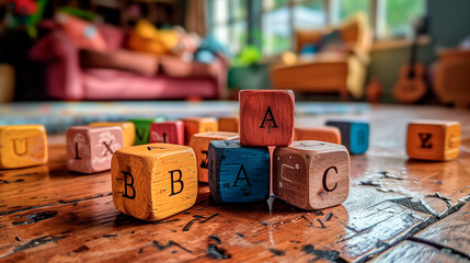 Colorful wooden blocks with letters for children. Educational toys, children's toys, teaching...