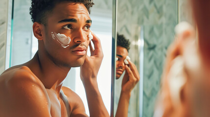 A young Latino guy deeply cleanses his face with foam, emphasizing the importance of skin care. Soft masculinity, daily self-care, men's cosmetology
