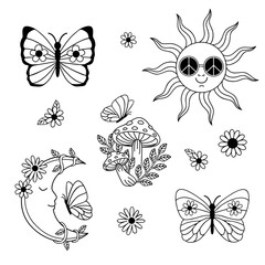 set of isolated outline retro sun, moon, butterfly, mushroom - 750544647