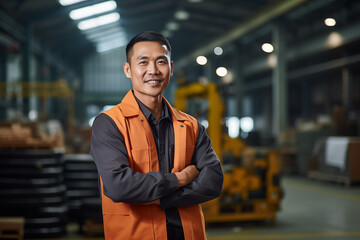 Smiling Asian man at work in a factory. Worker recruitment. Job offer. Work in industry. Jobs in a factory. Factory in Asia.