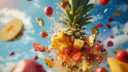 A pineapple with fruit splashing out of its core an