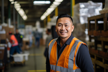 Smiling Asian man at work in a factory. Worker recruitment. Job offer. Work in industry. Jobs in a factory. Factory in Asia.