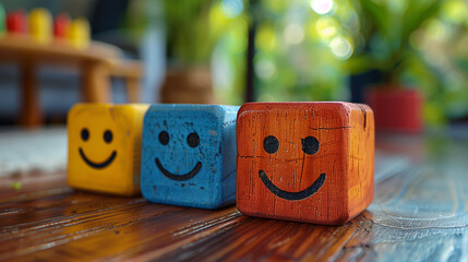 Colorful wooden cubes with smiley faces. Concept of emotions, colors, happiness, positivity,...