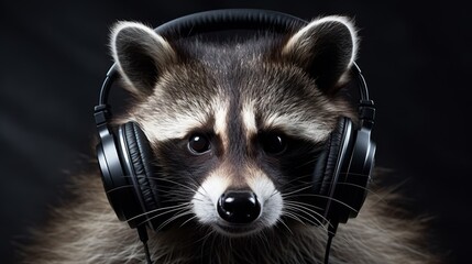 Raccoon dj in headphones on black background for music events and parties - banner