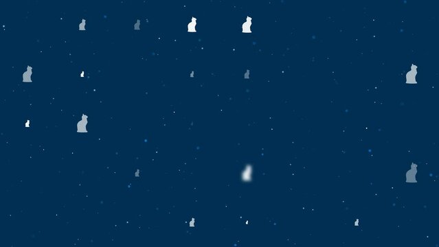 Template animation of evenly spaced cat symbols of different sizes and opacity. Animation of transparency and size. Seamless looped 4k animation on dark blue background with stars
