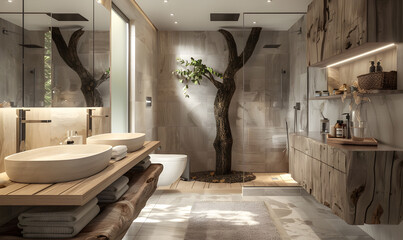 Interior design with two sinks, toilet, and tree in the shower