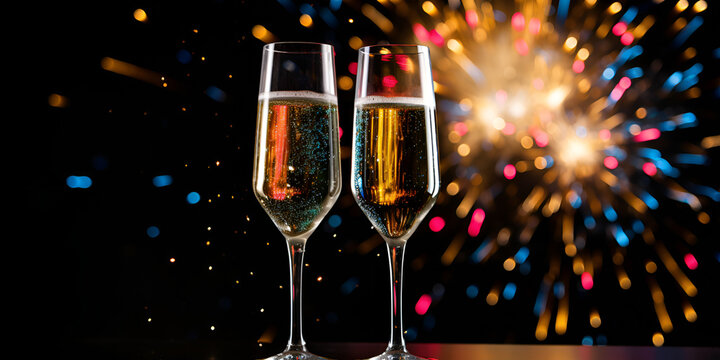 Nighttime celebration with sparkling fireworks and the clinking of wine glasses. sparkling champagne glass set against a backdrop of vibrant fireworks