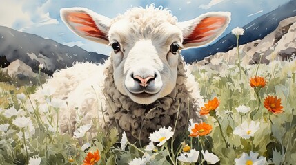 A tranquil alpine meadow with grazing sheep 
 - obrazy, fototapety, plakaty