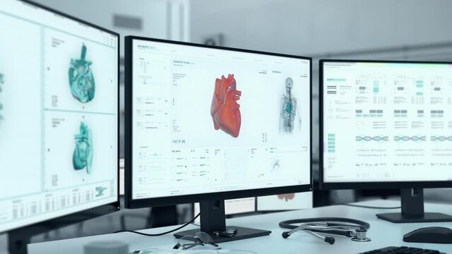 Future Healthcare Research Program Scans Patient Heart For Health Check. Cardiac Ischemia Diagnosed By Future Medical Interface For Organ Research. X-Ray Research Analysis. Future Interface Animation