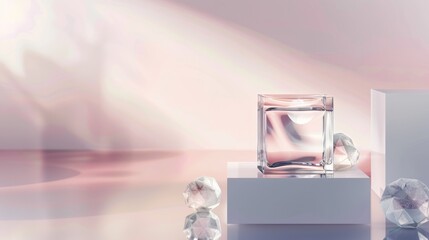 Mockup background with decorative glass cubes Dais perfume podium Cosmetic advertising background