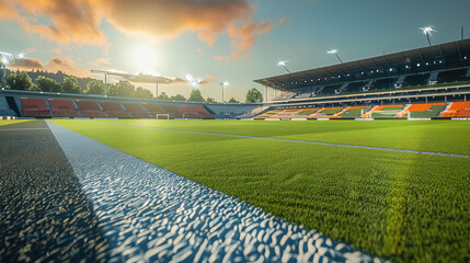 Naklejka premium Soccer pitch, stadium seats, sunny. Generative AI.