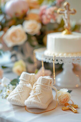 Baby booties and cross stitch baby baptism concept. Selective focus.