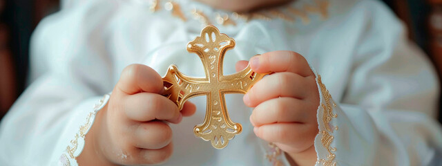Baptism of a child cross in hands. Selective focus. - obrazy, fototapety, plakaty