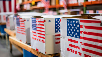 The point of distribution of social assistance to those in need. Paper boxes standing in a row.