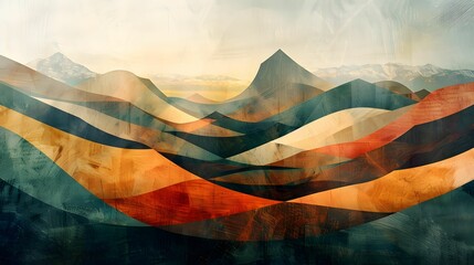 Abstract Mountain Landscape with Wavy Patterns - obrazy, fototapety, plakaty