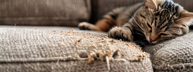 The cat scratches the sofa furniture. Selective focus. - obrazy, fototapety, plakaty