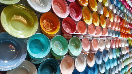 A wall made up of many different colored plates and