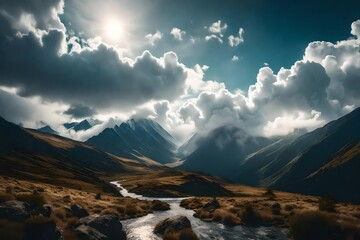 clouds over a mountain valley background png