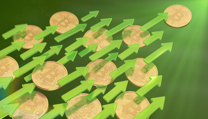 3d rendering of golden, physical Bitcoin coins with green arrows - symbolizes a rising price (upward trend) - business concept. - 750548443