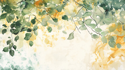 A watercolor painting of leaves and branches on a w