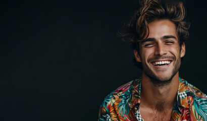 A man with a smile on his face is wearing a yellow shirt. He is looking at the camera and he is happy. Ultra handsome man, smiling and laughing, wearing bright clothes. Bright solid dark background