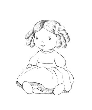 Linear cute sketch cartoon doll in dress isolated on white background. Graphic hand drawn illustration sketch