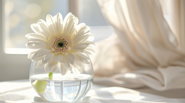 A white flower in a glass vase on a white table.