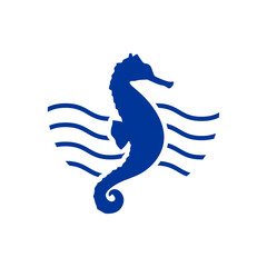 Logo vida marina. Silueta de caballo de mar con olas de mar - obrazy, fototapety, plakaty