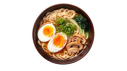 Asian noodle soAsian Udon Noodle Soup with Egg and Greens, A bowl of Asian udon noodle soup, garnished with a soft-boiled egg, green onions, and herbs, presented on a black background.up