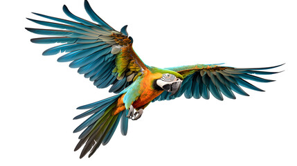 military Macaw Parrot in Flight on Black Background, Stunning macaw parrot with vibrant blue and green feathers captured mid-flight, set against a contrasting transparentmacaw spread open wings