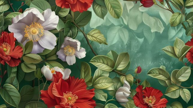 Fashion oil painting Red hibiscus flower on a dark green background, pastel flowers, peonies, roses, echeveria succulent, white hydrangea, ranunculus, anemone, and eucalyptus, design wedding bouquets.