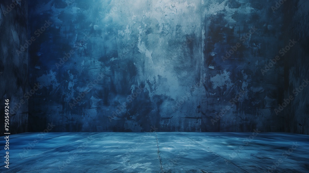 Poster a minimalist dark blue studio backdrop with a smooth gradient, complemented by a neutral grey floor,