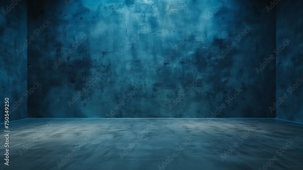 Poster a minimalist dark blue studio backdrop with a smooth gradient, complemented by a neutral grey floor,