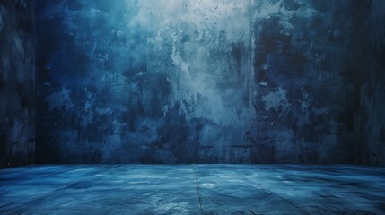 A minimalist dark blue studio backdrop with a smooth gradient, complemented by a neutral grey floor, offering ample copy space for design or text.
