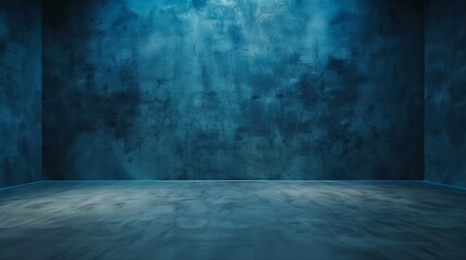 A minimalist dark blue studio backdrop with a smooth gradient, complemented by a neutral grey floor, offering ample copy space for design or text.