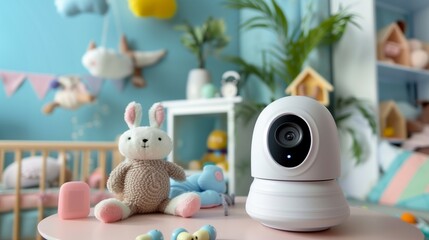 A sleek, contemporary baby monitor equipped with a high-definition camera, positioned on a wooden shelf in a well-decorated childrens room, ensuring safety and peace of mind for parents.