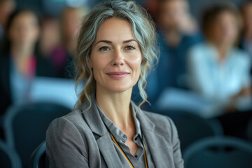 Conference, lecture or seminar. Portrait of an adult woman in a business suit sitting in a team of people at a workshop looking at camera