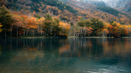 A serene alpine lake, with crystal-clear waters as the background, during autumn foliage