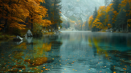 A serene alpine lake, with crystal-clear waters as the background, during autumn foliage