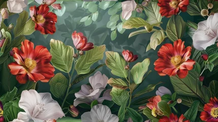Keuken spatwand met foto Fashion oil painting Red hibiscus flower on a dark green background, pastel flowers, peonies, roses, echeveria succulent, white hydrangea, ranunculus, anemone, and eucalyptus, design wedding bouquets. © ND STOCK