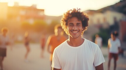 Happy man having a great time playing outdoors with blurred background