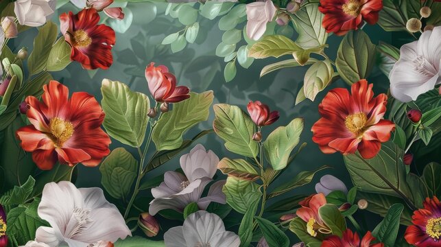 Fashion oil painting Red hibiscus flower on a dark green background, pastel flowers, peonies, roses, echeveria succulent, white hydrangea, ranunculus, anemone, and eucalyptus, design wedding bouquets.