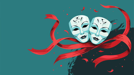 A doodle of two theatrical masks and red ribbon. 