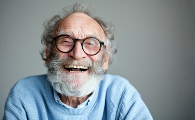 A man with a beard and glasses is smiling and laughing. He is wearing a blue sweater and glasses. laughing old man whit a beard, in glasses, happy, open laugh. Banner in a light gray background