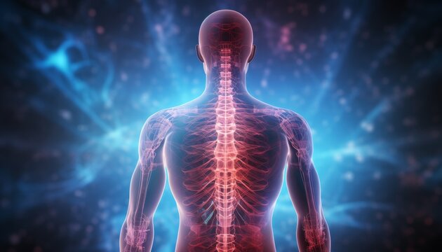Man with glowing spine visualization depicting back pain lying on bed with blurred background