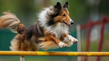 Photo of a Sheltie dog jumping over an obstacle at an agility competition